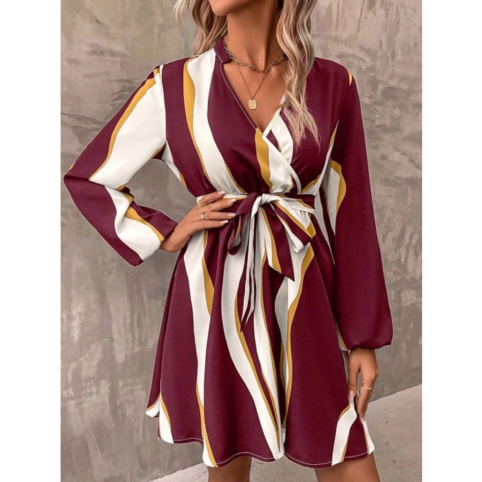 MDB Kadın Uzun Kollu Kruvaze Yakalı Desenli Modal Mini Elbise