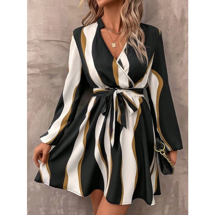 MDB Kadın Uzun Kollu Kruvaze Yakalı Desenli Modal Mini Elbise