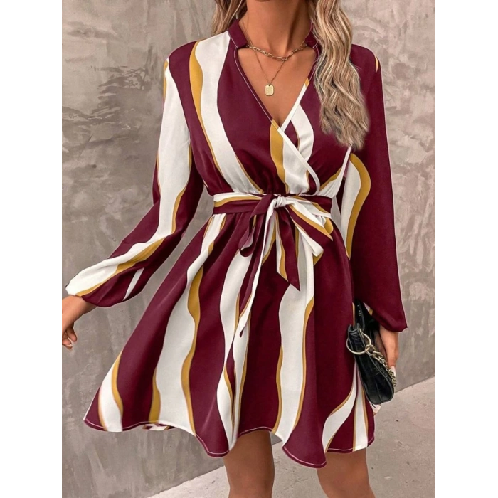 MDB Kadın Uzun Kollu Kruvaze Yakalı Desenli Modal Mini Elbise