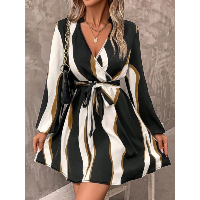 MDB Kadın Uzun Kollu Kruvaze Yakalı Desenli Modal Mini Elbise