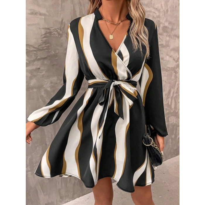 MDB Kadın Uzun Kollu Kruvaze Yakalı Desenli Modal Mini Elbise