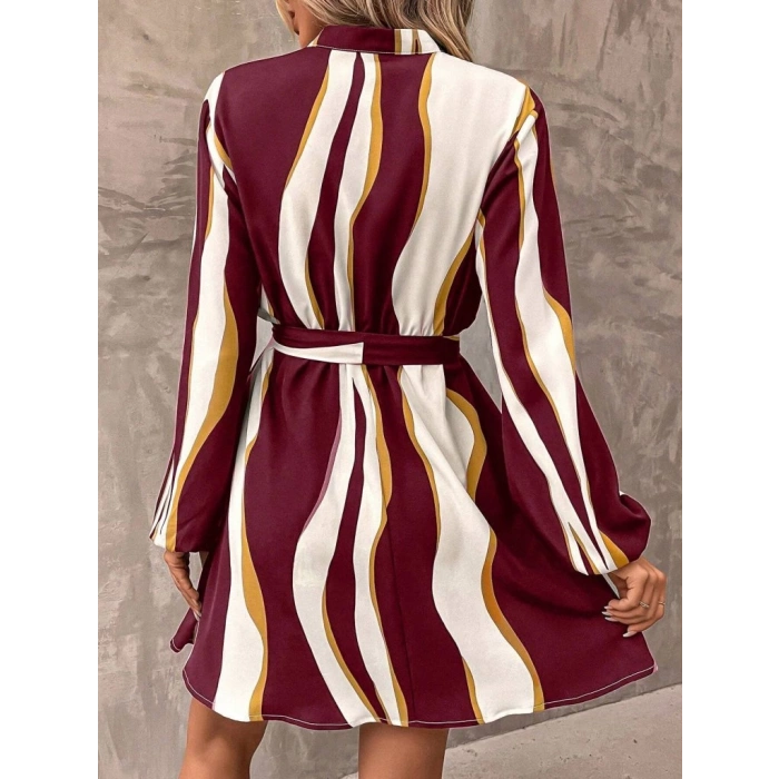 MDB Kadın Uzun Kollu Kruvaze Yakalı Desenli Modal Mini Elbise