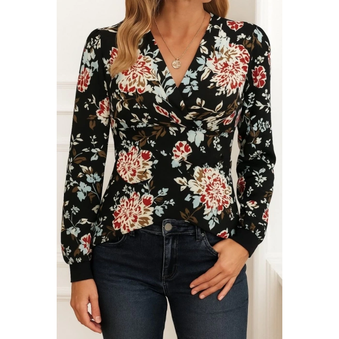 MDB Kadın Uzun Kollu Kruvaze Yakalı Kelebek Desenli şardonlu Dalgıç Bluz