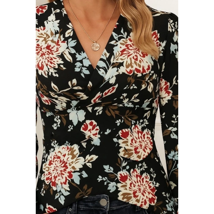 MDB Kadın Uzun Kollu Kruvaze Yakalı Kelebek Desenli şardonlu Dalgıç Bluz