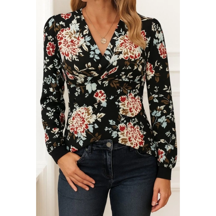 MDB Kadın Uzun Kollu Kruvaze Yakalı Kelebek Desenli şardonlu Dalgıç Bluz