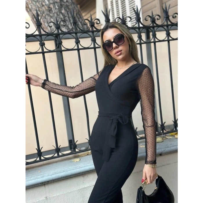 MDB Kadın Uzun Kollu Kruvaze Yakalı Kolları Tül Detay Beli Kuşaklı Ithal Krep Tulum