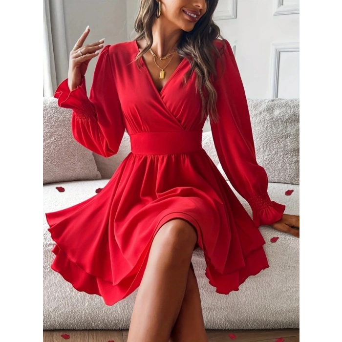 MDB Kadın Uzun Kollu Kruvaze Yakalı Mini Sandy Elbise