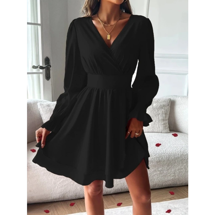 MDB Kadın Uzun Kollu Kruvaze Yakalı Mini Sandy Elbise