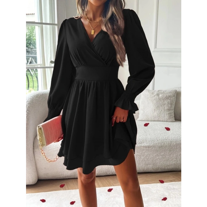 MDB Kadın Uzun Kollu Kruvaze Yakalı Mini Sandy Elbise