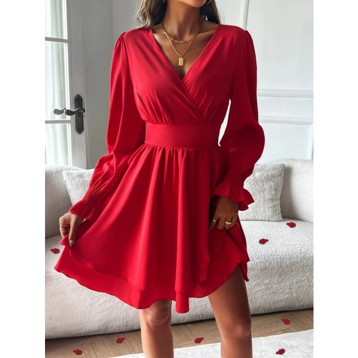 MDB Kadın Uzun Kollu Kruvaze Yakalı Mini Sandy Elbise