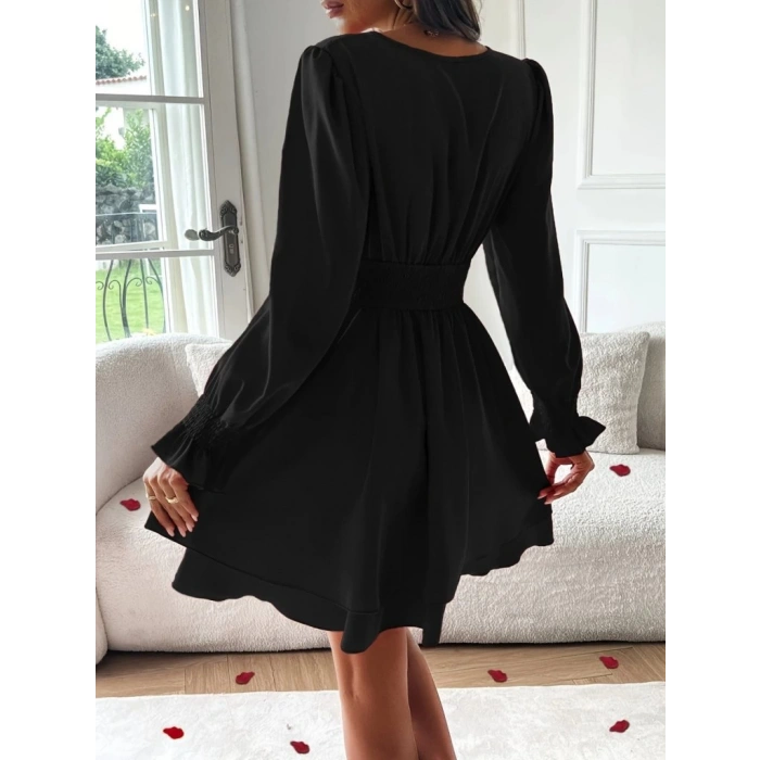 MDB Kadın Uzun Kollu Kruvaze Yakalı Mini Sandy Elbise