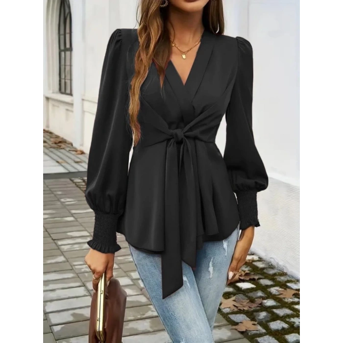 MDB Kadın Uzun Kollu Kruvaze Yakalı önden Bağlamalı Ithal Krep Bluz