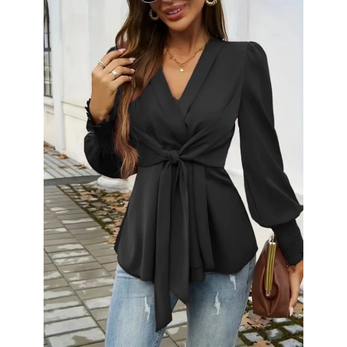 MDB Kadın Uzun Kollu Kruvaze Yakalı önden Bağlamalı Ithal Krep Bluz