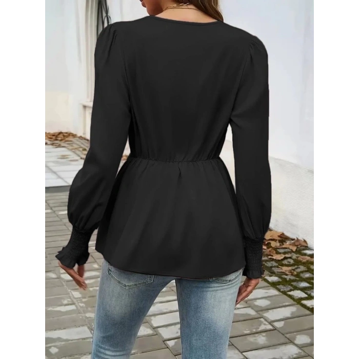 MDB Kadın Uzun Kollu Kruvaze Yakalı önden Bağlamalı Ithal Krep Bluz