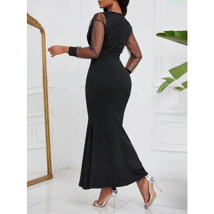 MDB Kadın Uzun Kollu Kruvaze Yakalı Taş Ve Tül Detaylı Uzun Ithal Krep Elbise