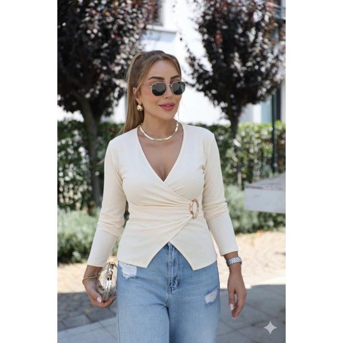 MDB Kadın Uzun Kollu Kruvaze Yakalı Toka Detaylı Viskon Bluz