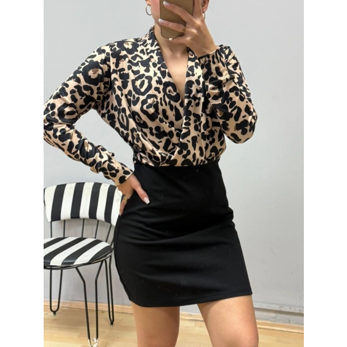 MDB Kadın Uzun Kollu Kruvaze Yakalı üst Dalgıç Alt Ithal Krep Mini Elbise