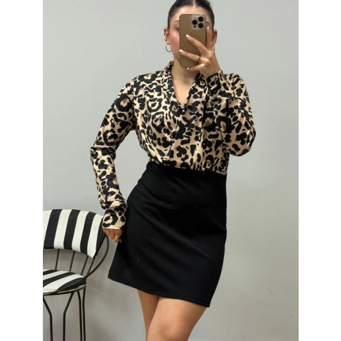 MDB Kadın Uzun Kollu Kruvaze Yakalı üst Dalgıç Alt Ithal Krep Mini Elbise