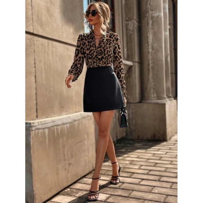 MDB Kadın Uzun Kollu Kruvaze Yakalı üst Dalgıç Alt Ithal Krep Mini Elbise