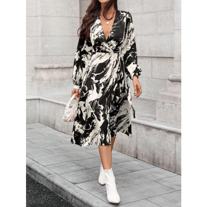 MDB Kadın Uzun Kollu Kruvaze Yakalı Yandan Bağlamalı Desenli Mini Modal Elbise