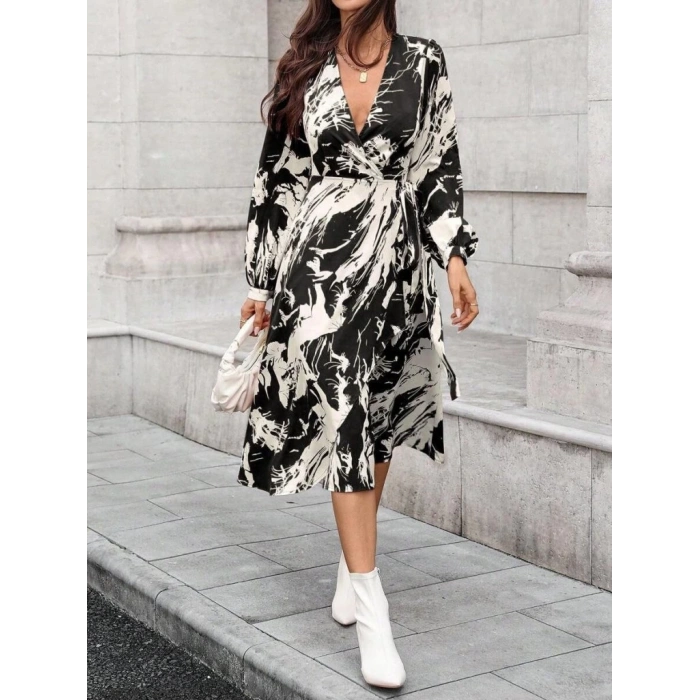 MDB Kadın Uzun Kollu Kruvaze Yakalı Yandan Bağlamalı Desenli Mini Modal Elbise