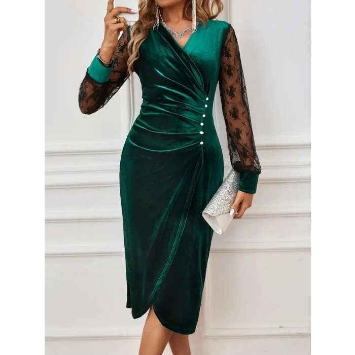 MDB Kadın Uzun Kollu Kruvaze Yakalı Yandan Düğmeli önden çapraz Kesin Detaylı Midi Kadife Elbise