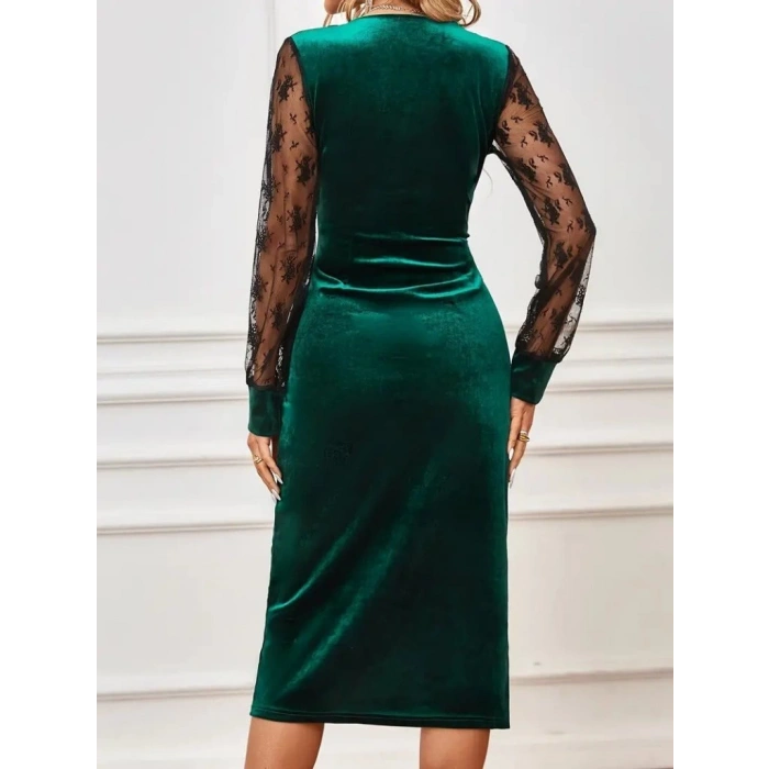 MDB Kadın Uzun Kollu Kruvaze Yakalı Yandan Düğmeli önden çapraz Kesin Detaylı Midi Kadife Elbise