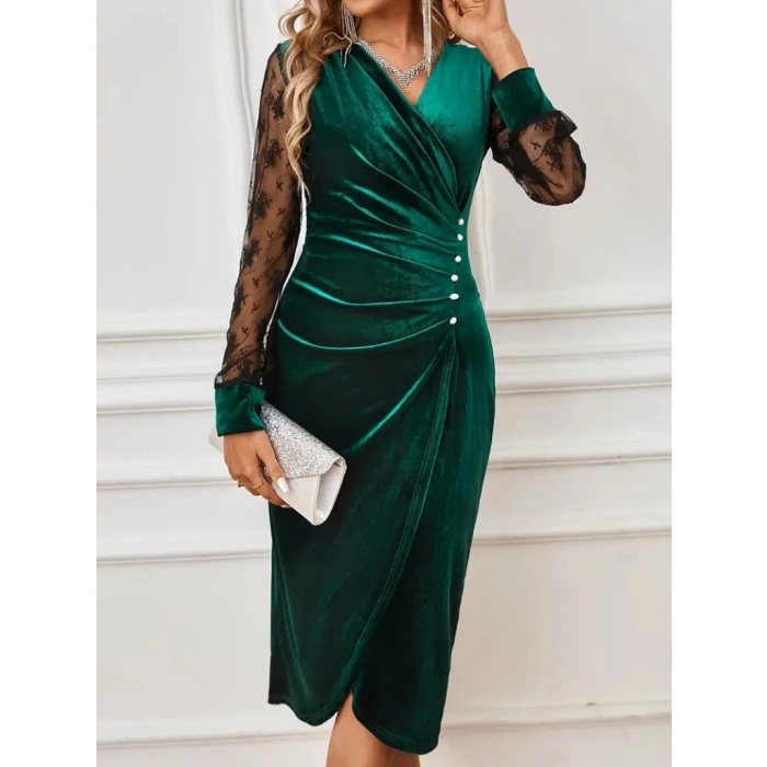 MDB Kadın Uzun Kollu Kruvaze Yakalı Yandan Düğmeli önden çapraz Kesin Detaylı Midi Kadife Elbise