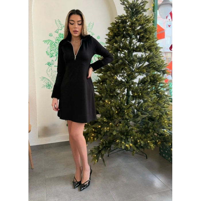 MDB Kadın Uzun Kollu Kürk Yakalı Fermuarlı Kısa Viskon Iki Iplik Elbise