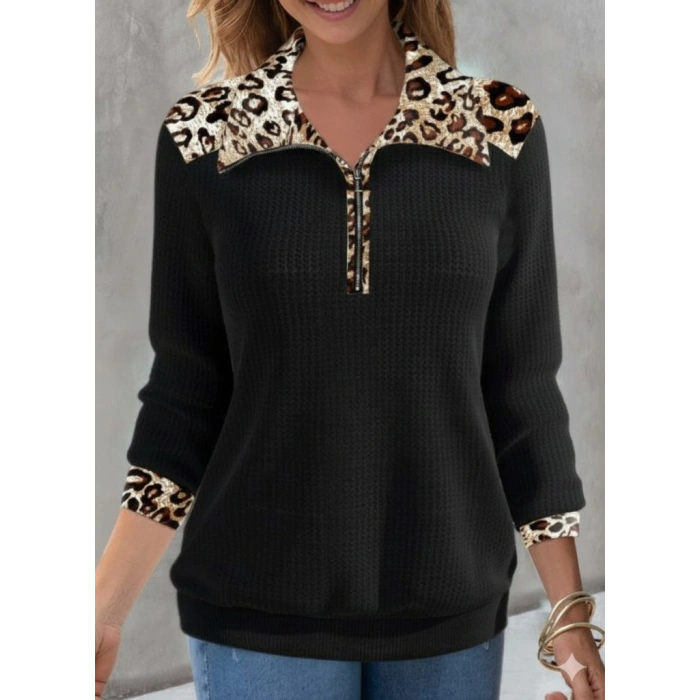 MDB Kadın Uzun Kollu Leopar Yakalı Fermuarlı Waffle Bluz
