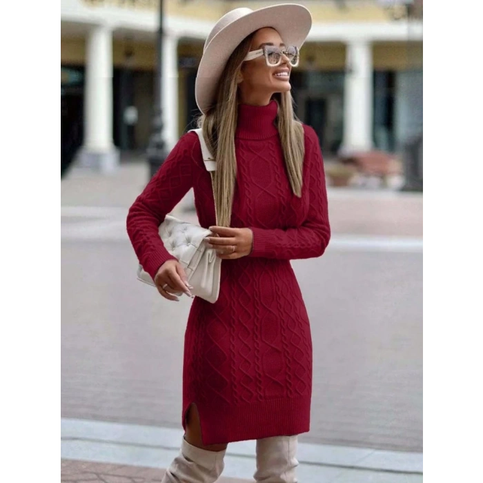 MDB Kadın Uzun Kollu Loren Yünlü Motifli Midi Boy Triko Elbise