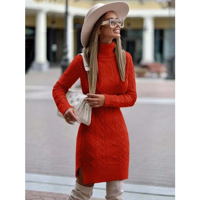 MDB Kadın Uzun Kollu Loren Yünlü Motifli Midi Boy Triko Elbise