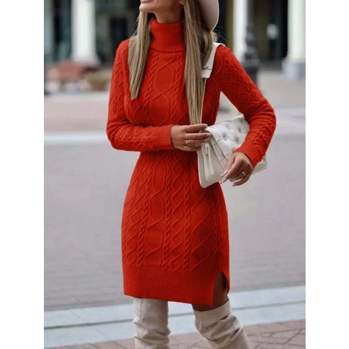 MDB Kadın Uzun Kollu Loren Yünlü Motifli Midi Boy Triko Elbise