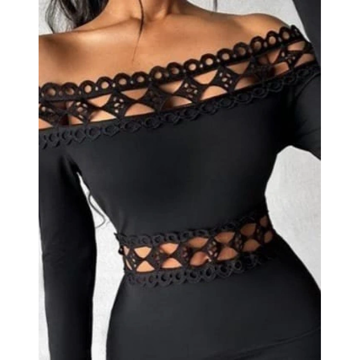 MDB Kadın Uzun Kollu Madonna Dantel Yaka Yırtmaçlı Midi Dalgıç Elbise