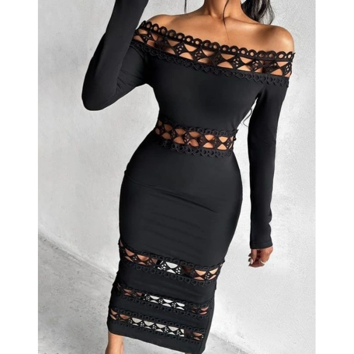 MDB Kadın Uzun Kollu Madonna Dantel Yaka Yırtmaçlı Midi Dalgıç Elbise