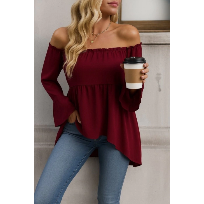 MDB Kadın Uzun Kollu Madonna Yaka Asimetrik Detaylı Kolları Ispanyol Viskon Bluz