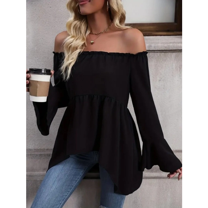 MDB Kadın Uzun Kollu Madonna Yaka Asimetrik Detaylı Kolları Ispanyol Viskon Bluz