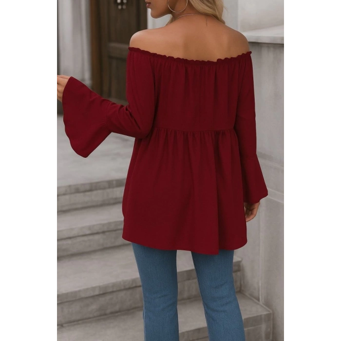 MDB Kadın Uzun Kollu Madonna Yaka Asimetrik Detaylı Kolları Ispanyol Viskon Bluz