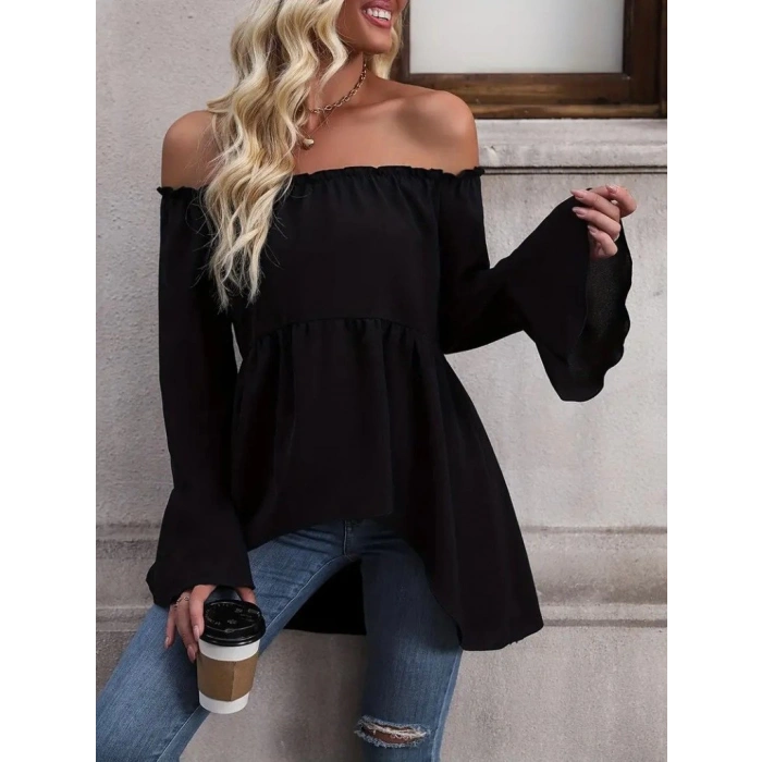 MDB Kadın Uzun Kollu Madonna Yaka Asimetrik Detaylı Kolları Ispanyol Viskon Bluz