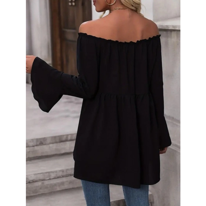 MDB Kadın Uzun Kollu Madonna Yaka Asimetrik Detaylı Kolları Ispanyol Viskon Bluz