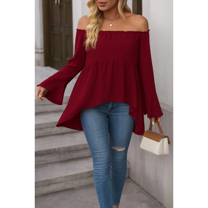 MDB Kadın Uzun Kollu Madonna Yaka Asimetrik Detaylı Kolları Ispanyol Viskon Bluz