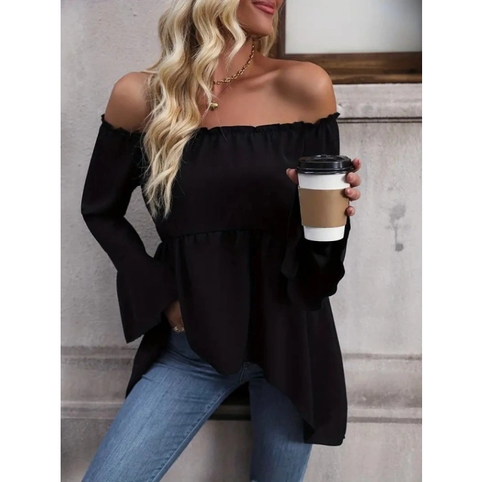 MDB Kadın Uzun Kollu Madonna Yaka Asimetrik Detaylı Kolları Ispanyol Viskon Bluz