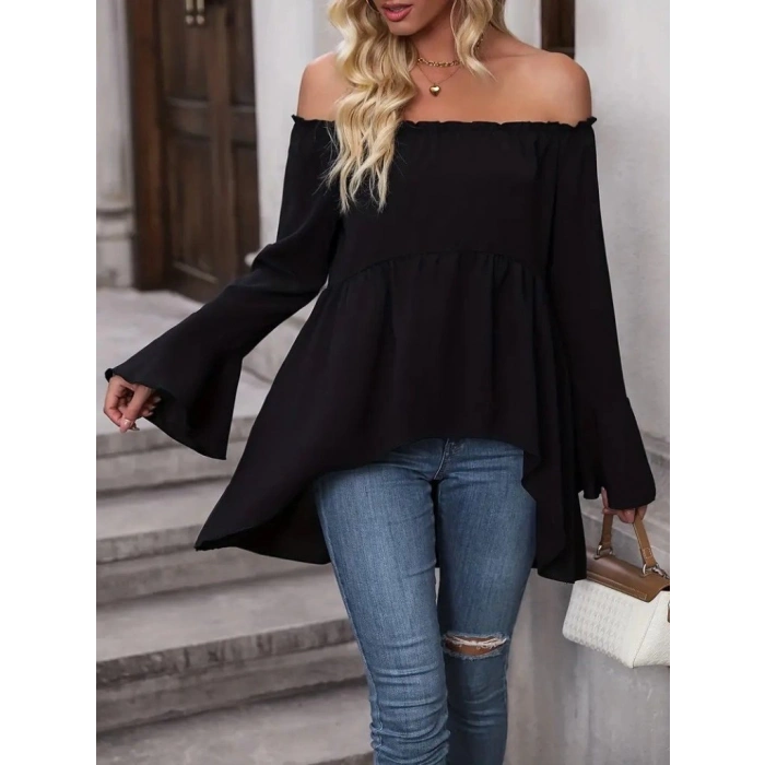 MDB Kadın Uzun Kollu Madonna Yaka Asimetrik Detaylı Kolları Ispanyol Viskon Bluz