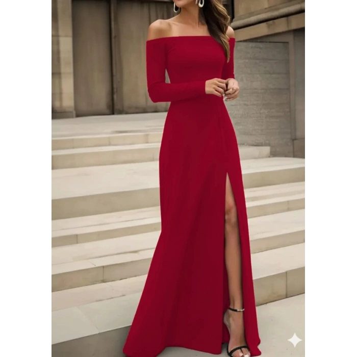 MDB Kadın Uzun Kollu Madonna Yakalı Yırtmaç Detaylı Uzun Ithal Krep Elbise