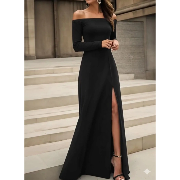 MDB Kadın Uzun Kollu Madonna Yakalı Yırtmaç Detaylı Uzun Ithal Krep Elbise