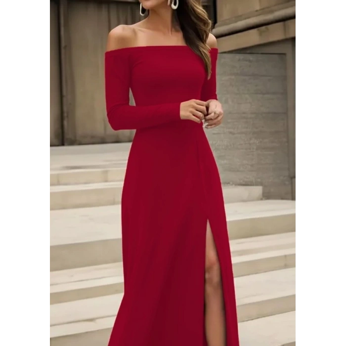 MDB Kadın Uzun Kollu Madonna Yakalı Yırtmaç Detaylı Uzun Ithal Krep Elbise