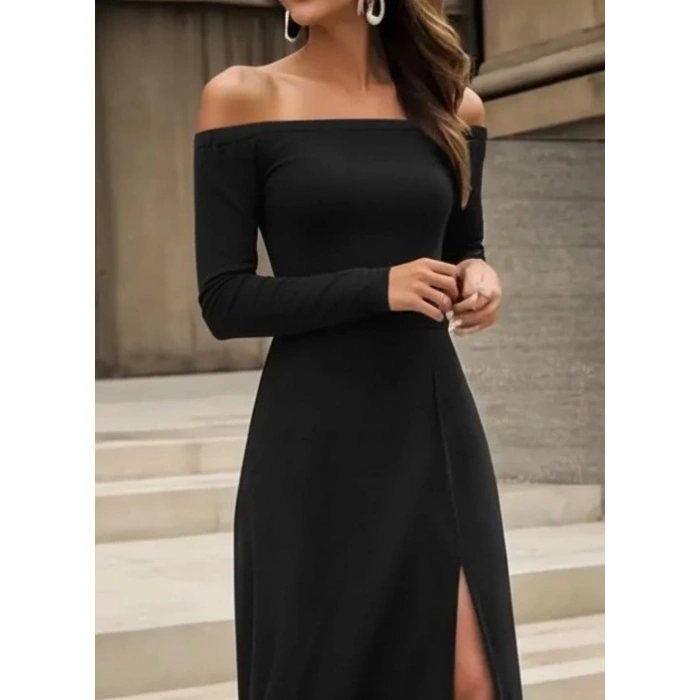 MDB Kadın Uzun Kollu Madonna Yakalı Yırtmaç Detaylı Uzun Ithal Krep Elbise