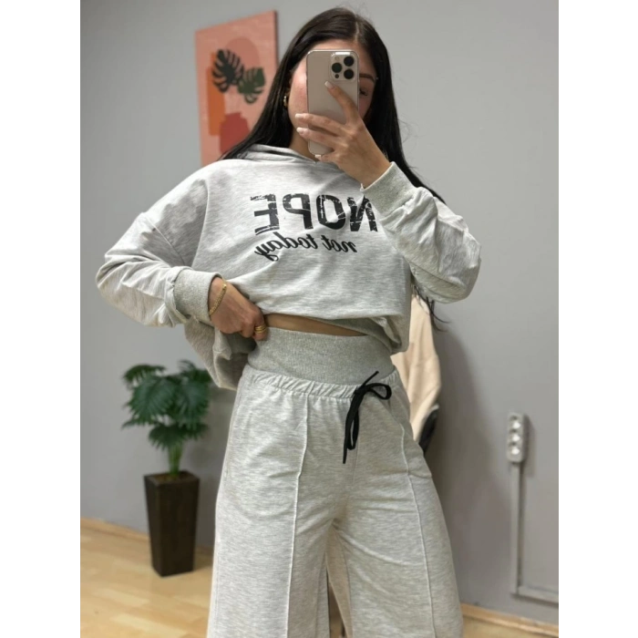 MDB Kadın Uzun Kollu Nope Baskılı Beli Ribanalı Ikili Takım