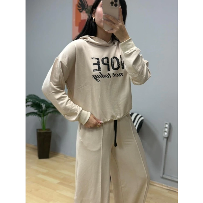 MDB Kadın Uzun Kollu Nope Baskılı Beli Ribanalı Ikili Takım