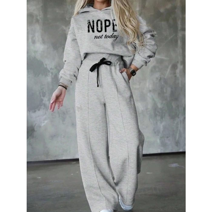 MDB Kadın Uzun Kollu Nope Baskılı Beli Ribanalı Ikili Takım